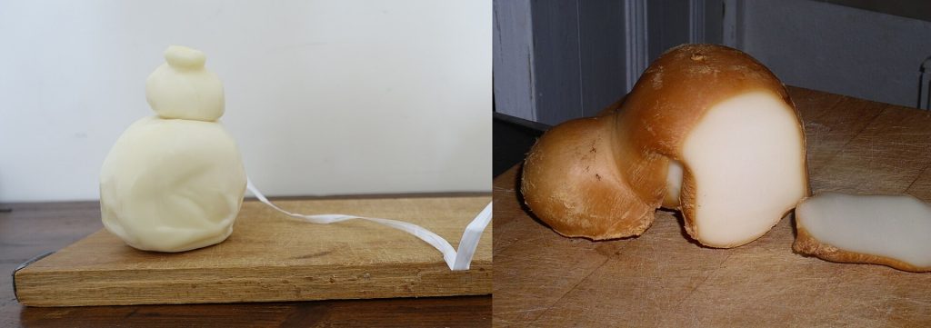 Natúr és füstölt scamorza sajtok egymás mellett